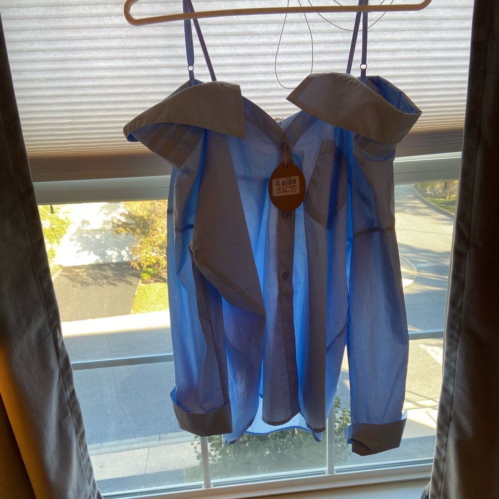 Essue Light Blue Button-Up Shirt by Essue. Is open shoulder style.
